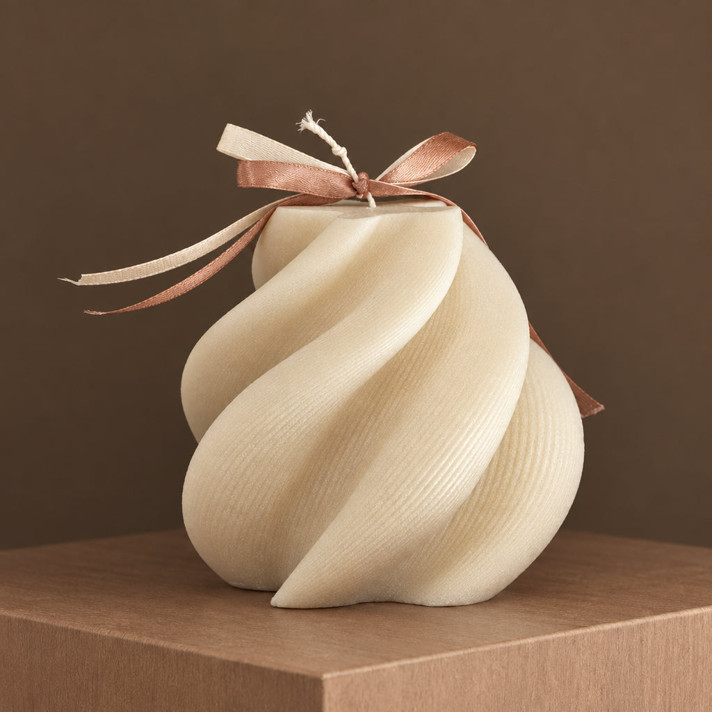 Close-up of the hand-poured soy wax Spiral Sculptural Candle