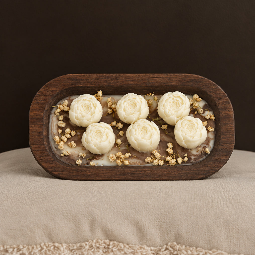 Kenziya Home Peony Tray Candle with hand-shaped soy wax peonies in a dark wooden tray