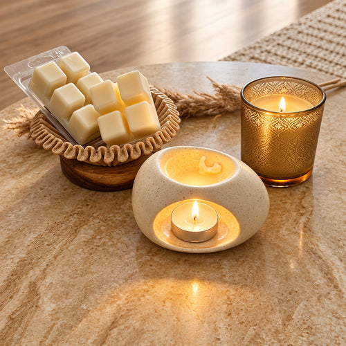 Kenziya Home Amber Reverie Giftset with sandalwood candle, wax melts and Ova warmer