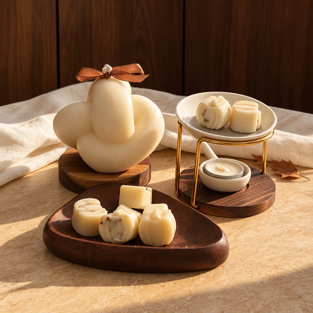 Kenziya Home Dark Autumn Set with Éclat Knot candle, Gilt wax melt warmer and two autumn wax melts