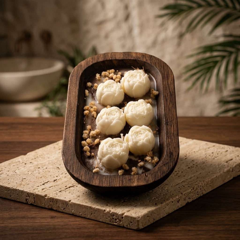 Kenziya Home Peony Tray Candle with hand-shaped soy wax peonies in a dark wooden tray
